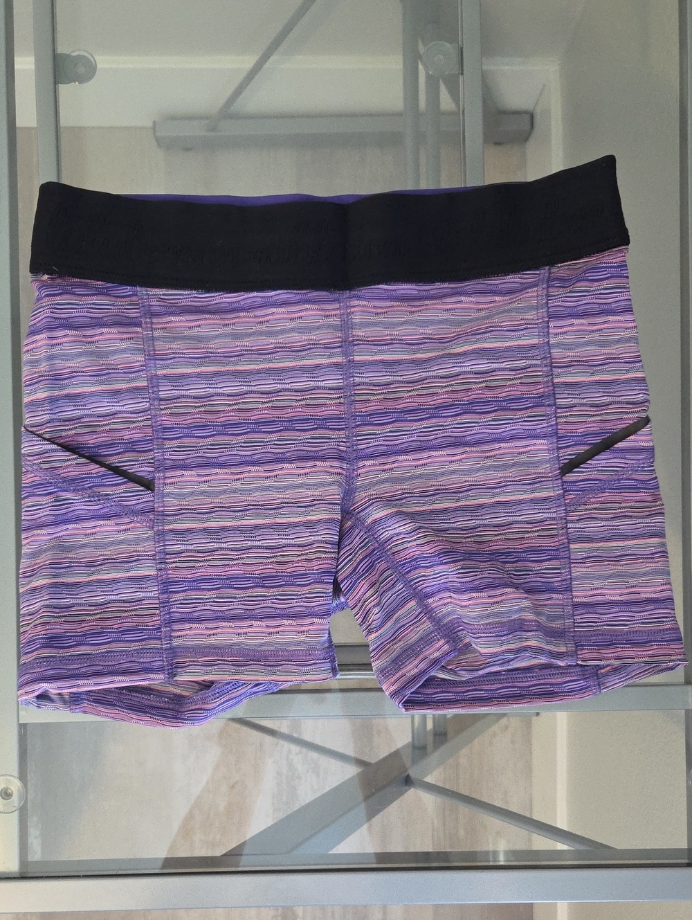 Women's Purple Striped Lululemon Shorts - Black Waistband, Size 4